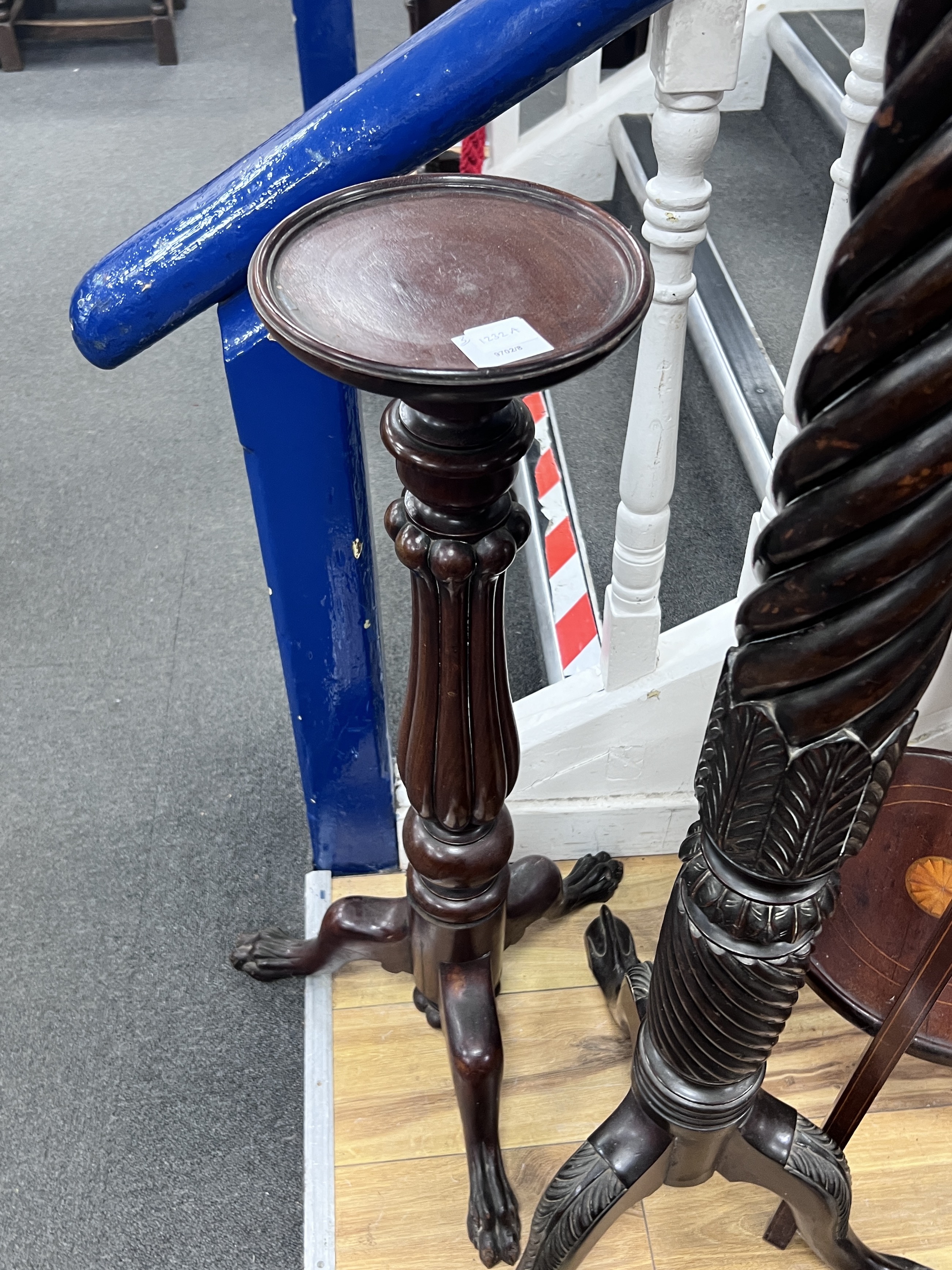 A George III style mahogany torchere, a mahogany plant stand and one other, largest height 149cm